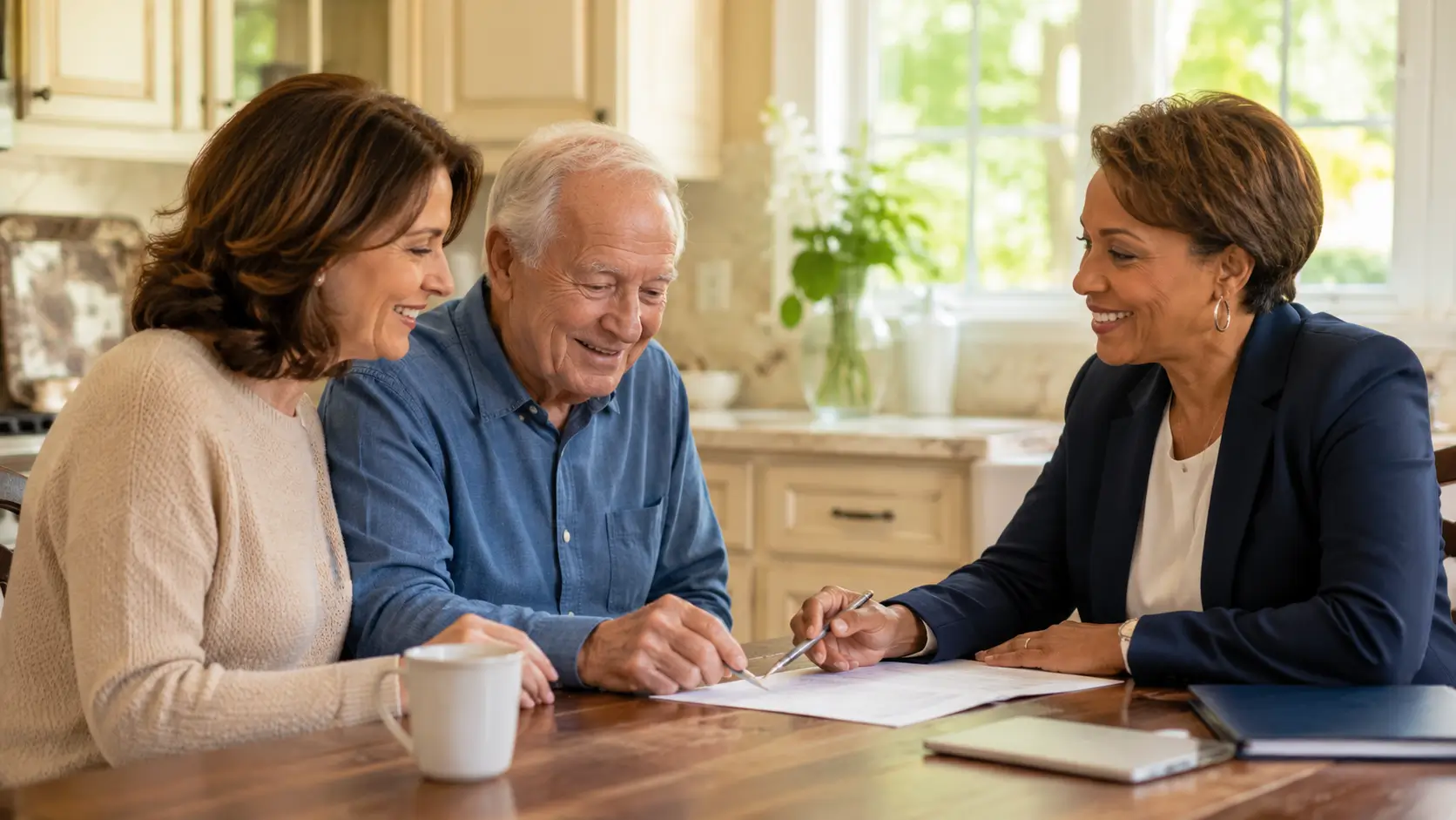 Fair Path care coordinator reviewing a care plan with a senior couple at their kitchen table