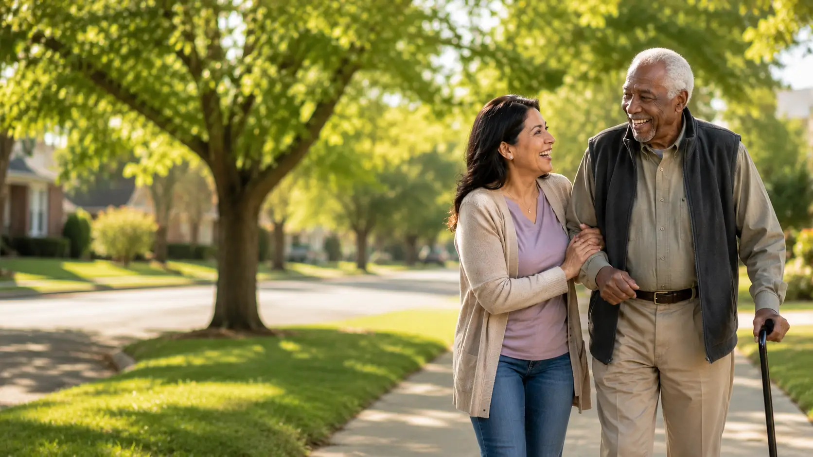 Caregiver walking arm-in-arm with a smiling senior gentleman through a tree-lined neighborhood