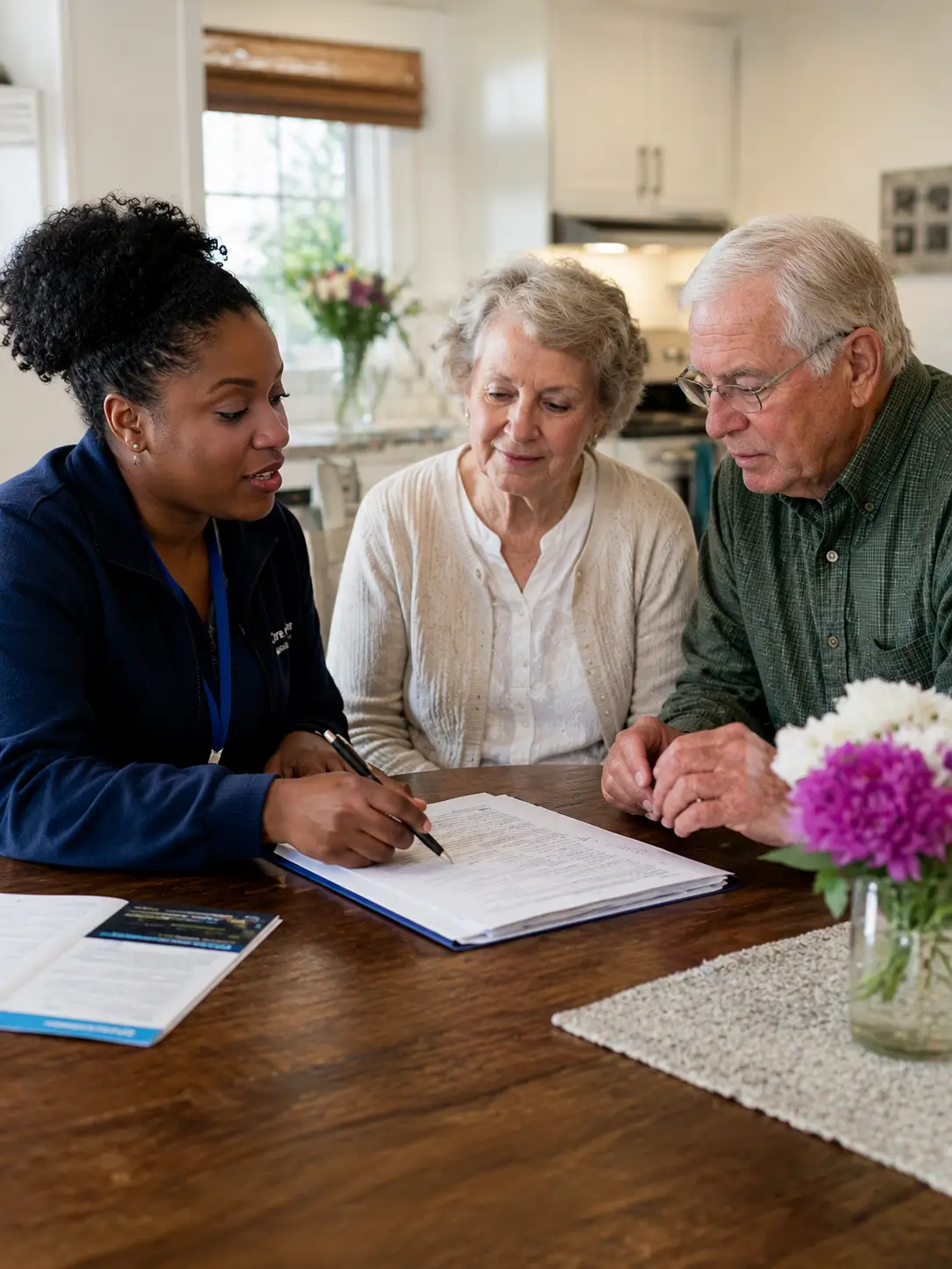 Care coordinator visiting with an older couple in their living room