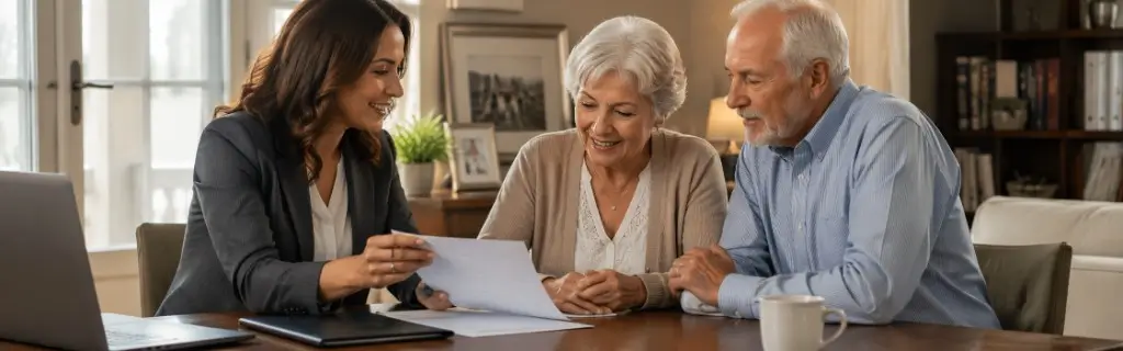 Care coordinator reviewing documents with an elderly couple at a dining table
