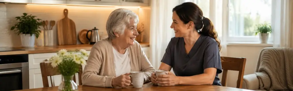 Caregiver and senior sharing conversation over tea at a bright kitchen table