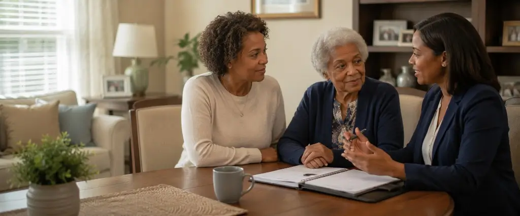 Healthcare consultant explaining care planning documents to family members at a home table