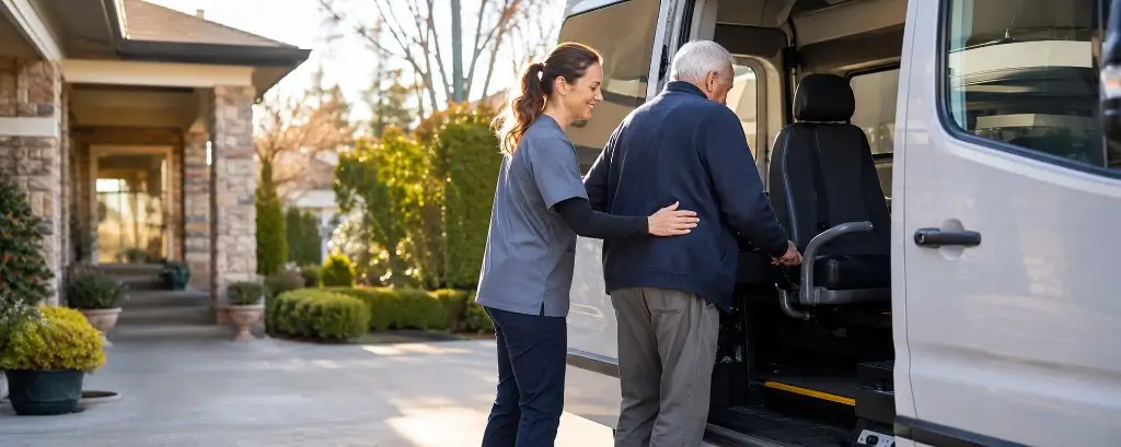 Caregiver assisting a senior boarding a medical transportation van outside a home