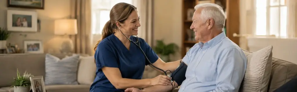 Nurse checking blood pressure for a senior in a comfortable home living room