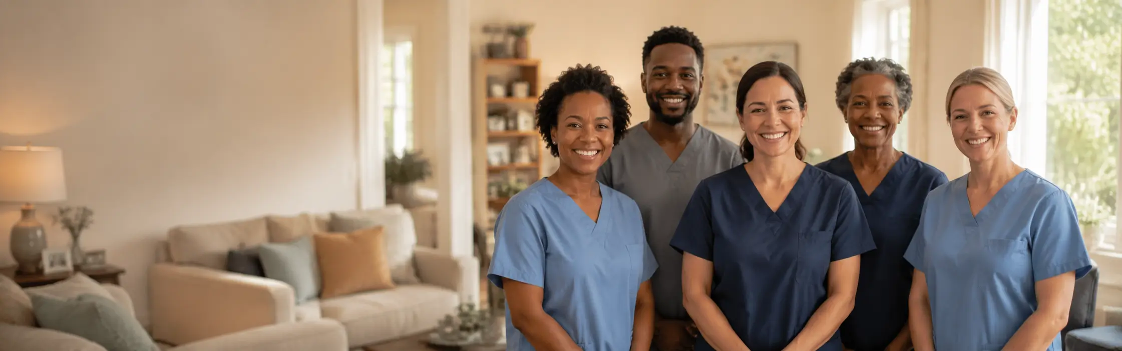 Diverse team of home care professionals in scrubs standing together in a bright living room